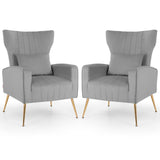 Velvet Upholstered Wingback Chair with Lumbar Pillow and Golden Metal Legs