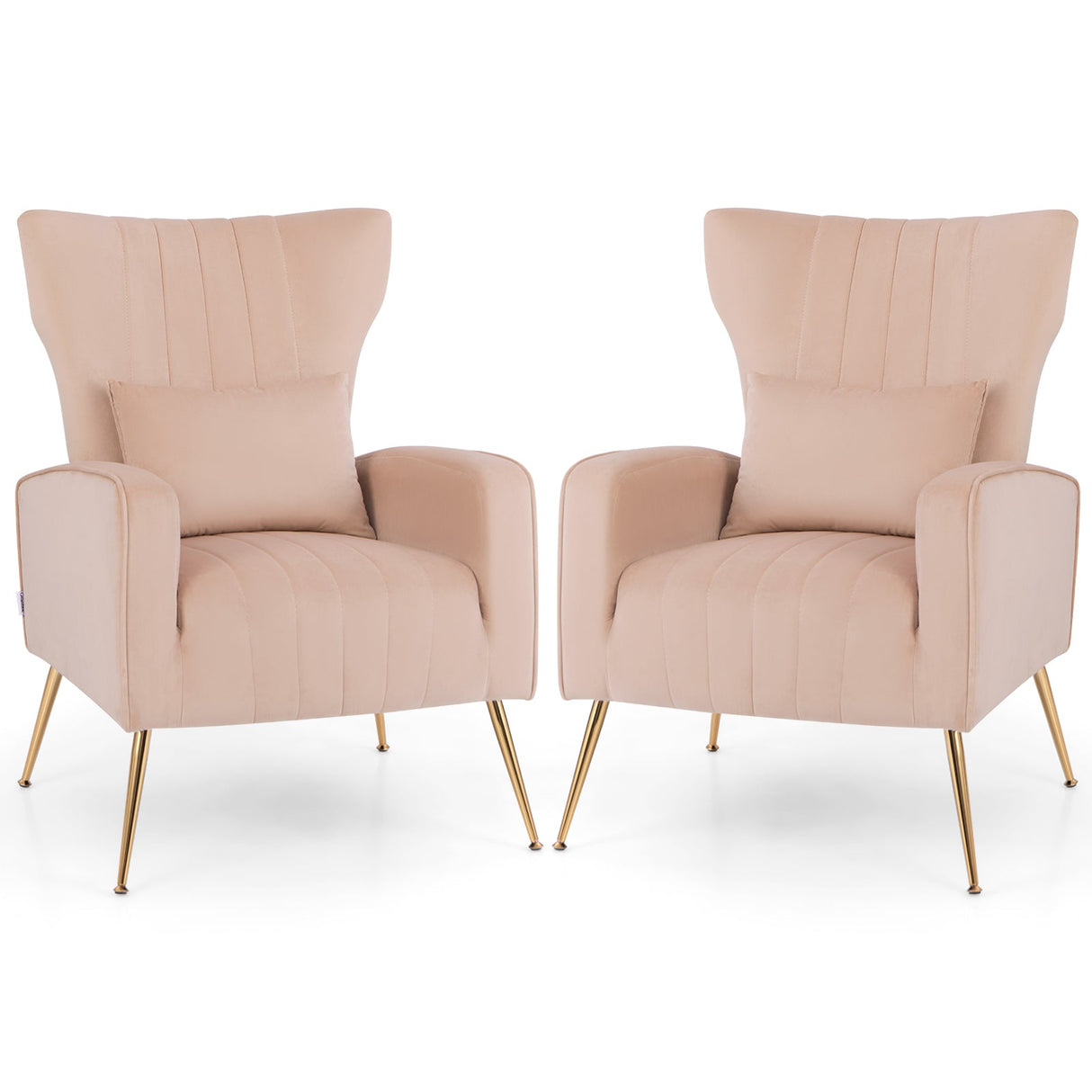 Velvet Upholstered Wingback Chair with Lumbar Pillow and Golden Metal Legs