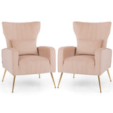 Velvet Upholstered Wingback Chair with Lumbar Pillow and Golden Metal Legs