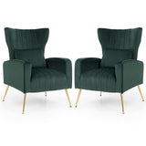 Velvet Upholstered Wingback Chair with Lumbar Pillow and Golden Metal Legs