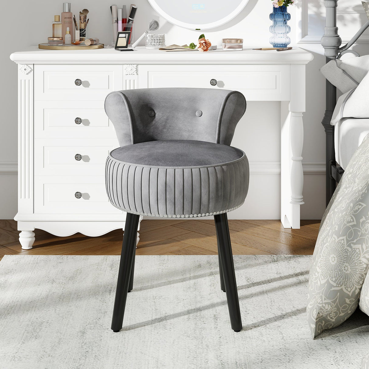 Velvet Vanity Chair with Back Upholstered Vanity Stool with Tufted Low Back and Solid Wood Legs