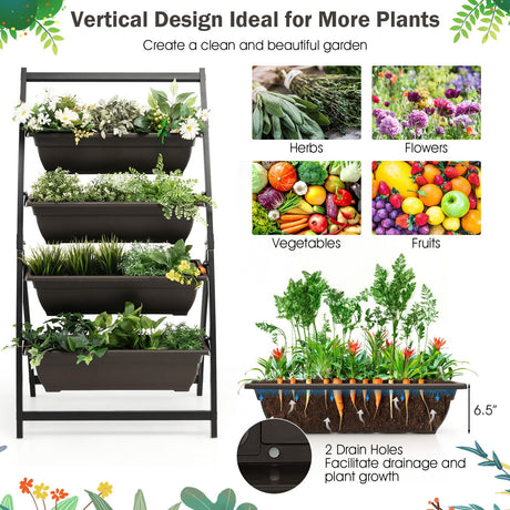 Jardinera vertical elevada de 4 niveles con 4 contenedores y orificios de drenaje