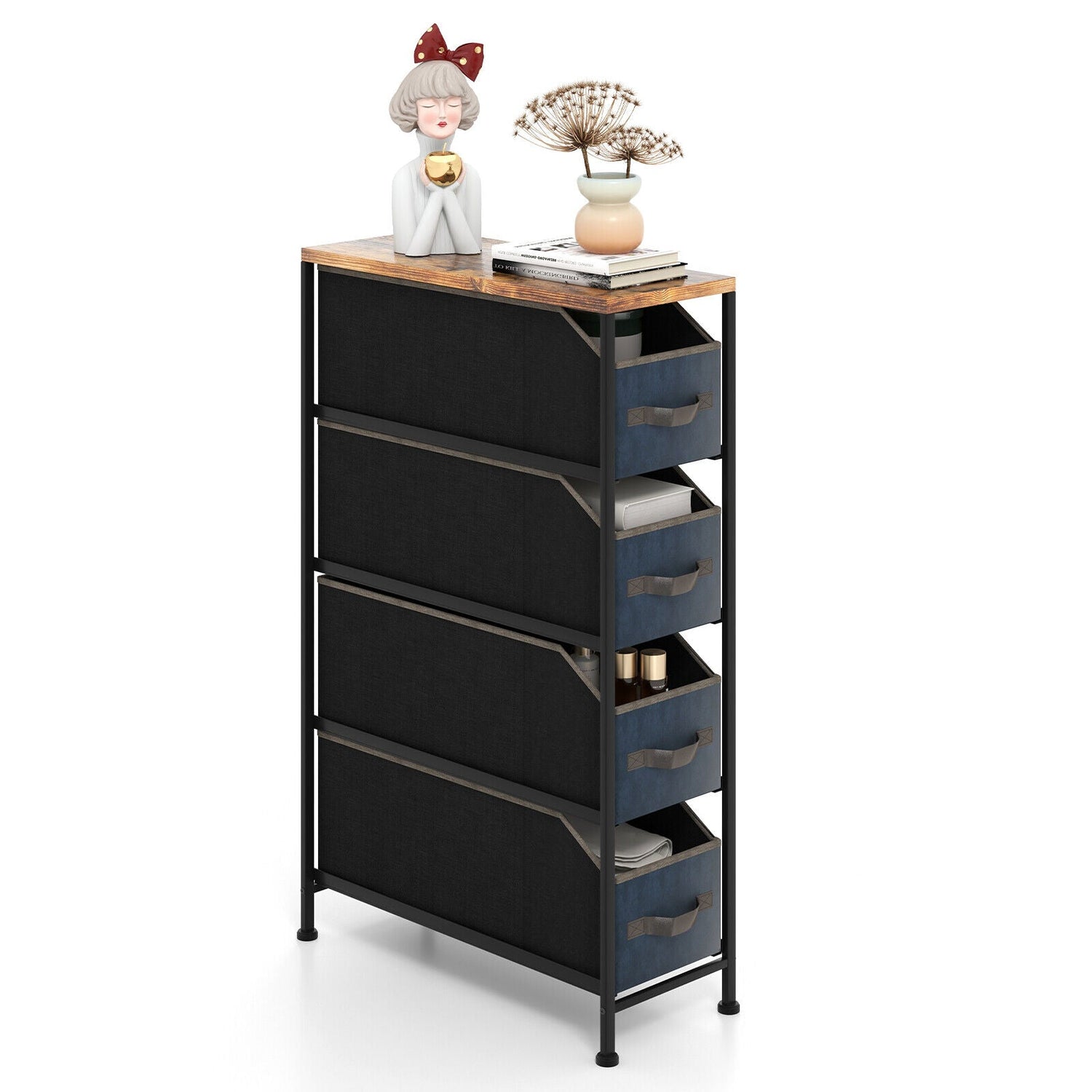 Cómoda Vertical Estrecha con 4 Cajones de Tela Extraíbles - Marrón Rústico