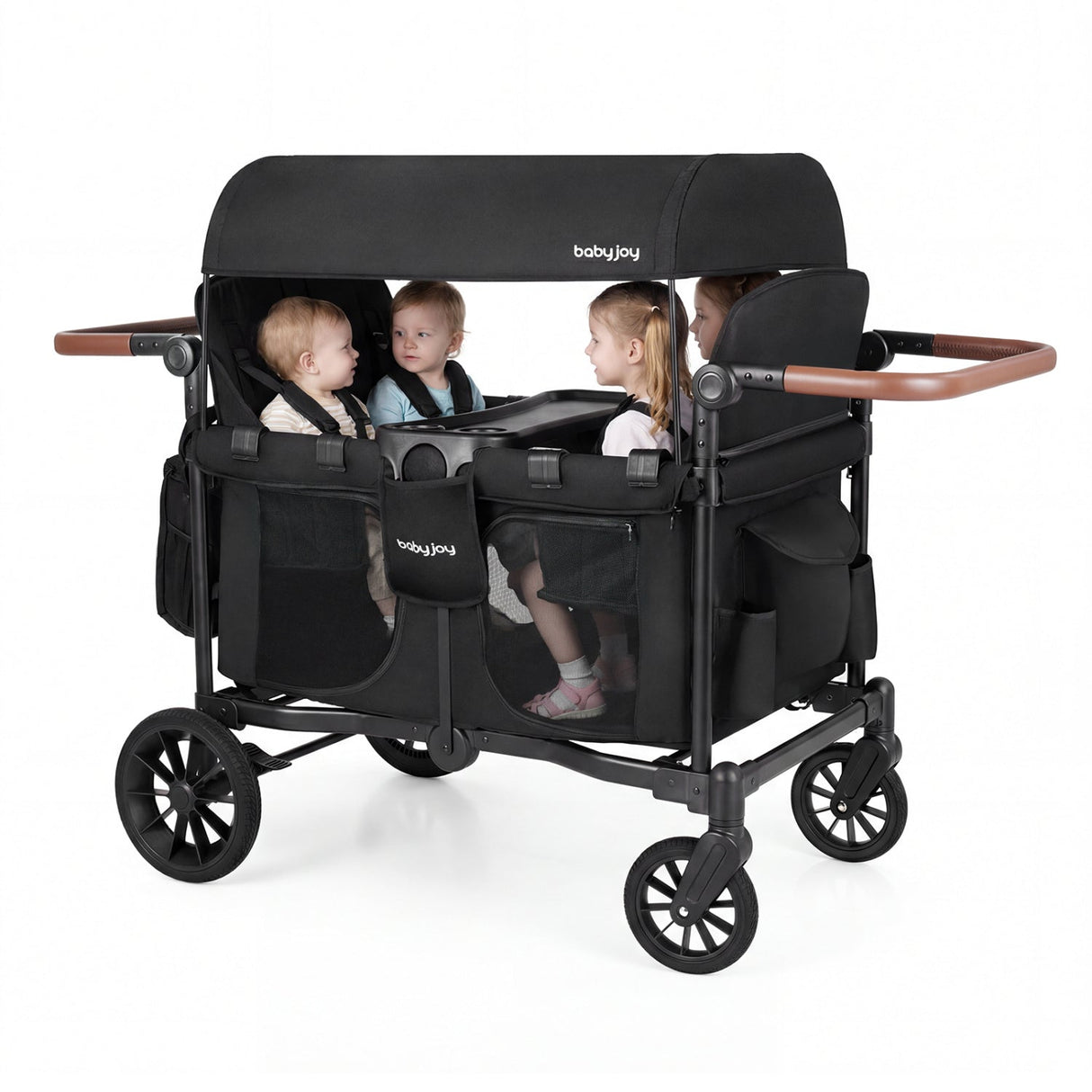 Cochecito de paseo para 4 niños, plegable, de 4 asientos, de empuje y arrastre para niños pequeños