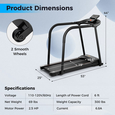 Cinta de Caminar de 2.5 HP con Barandales Largos para Personas Mayores-Negro