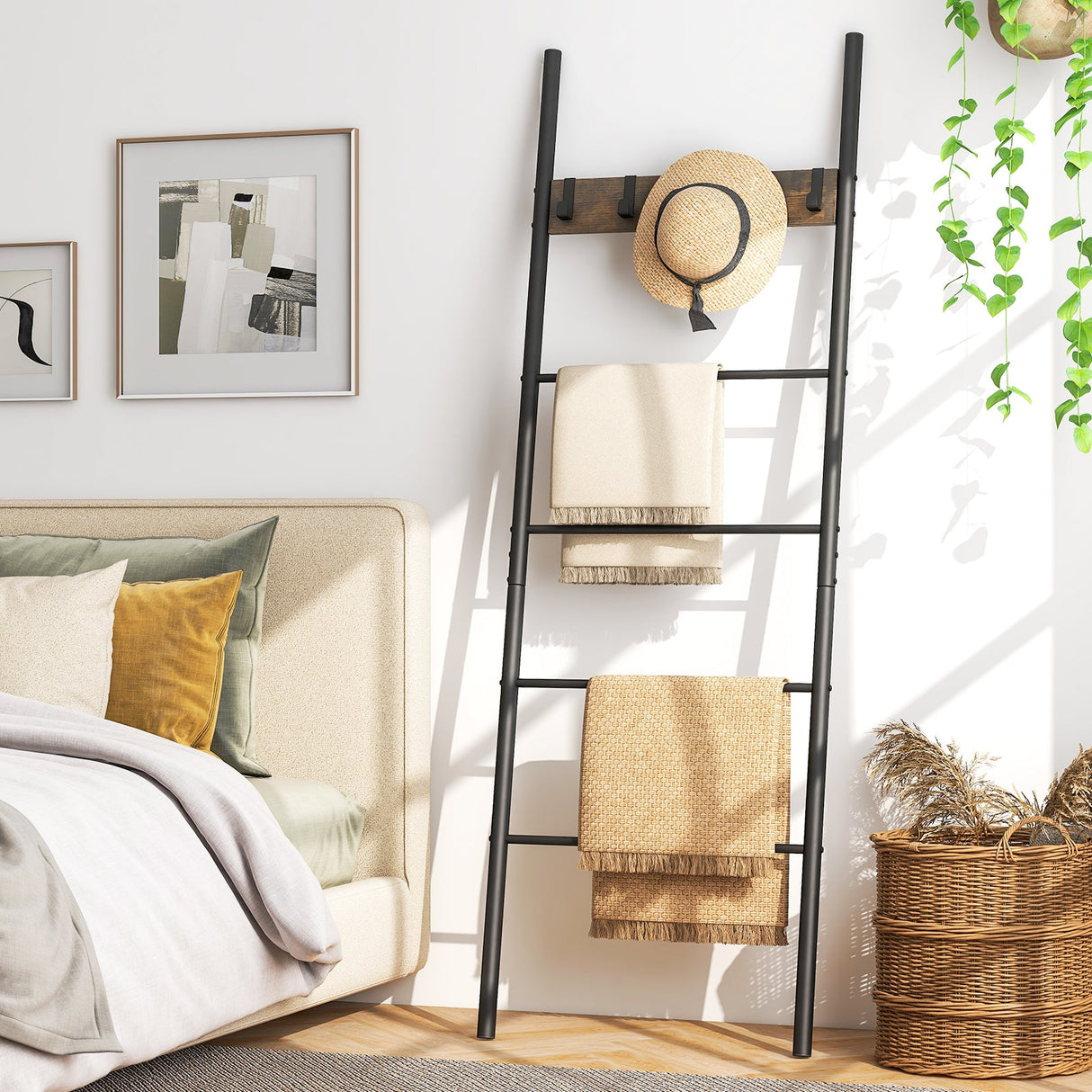 Soporte decorativo para mantas con 5 ganchos extraíbles, para apoyar en la pared