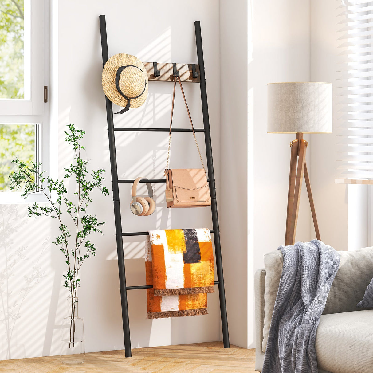 Soporte decorativo para mantas con 5 ganchos extraíbles, para apoyar en la pared