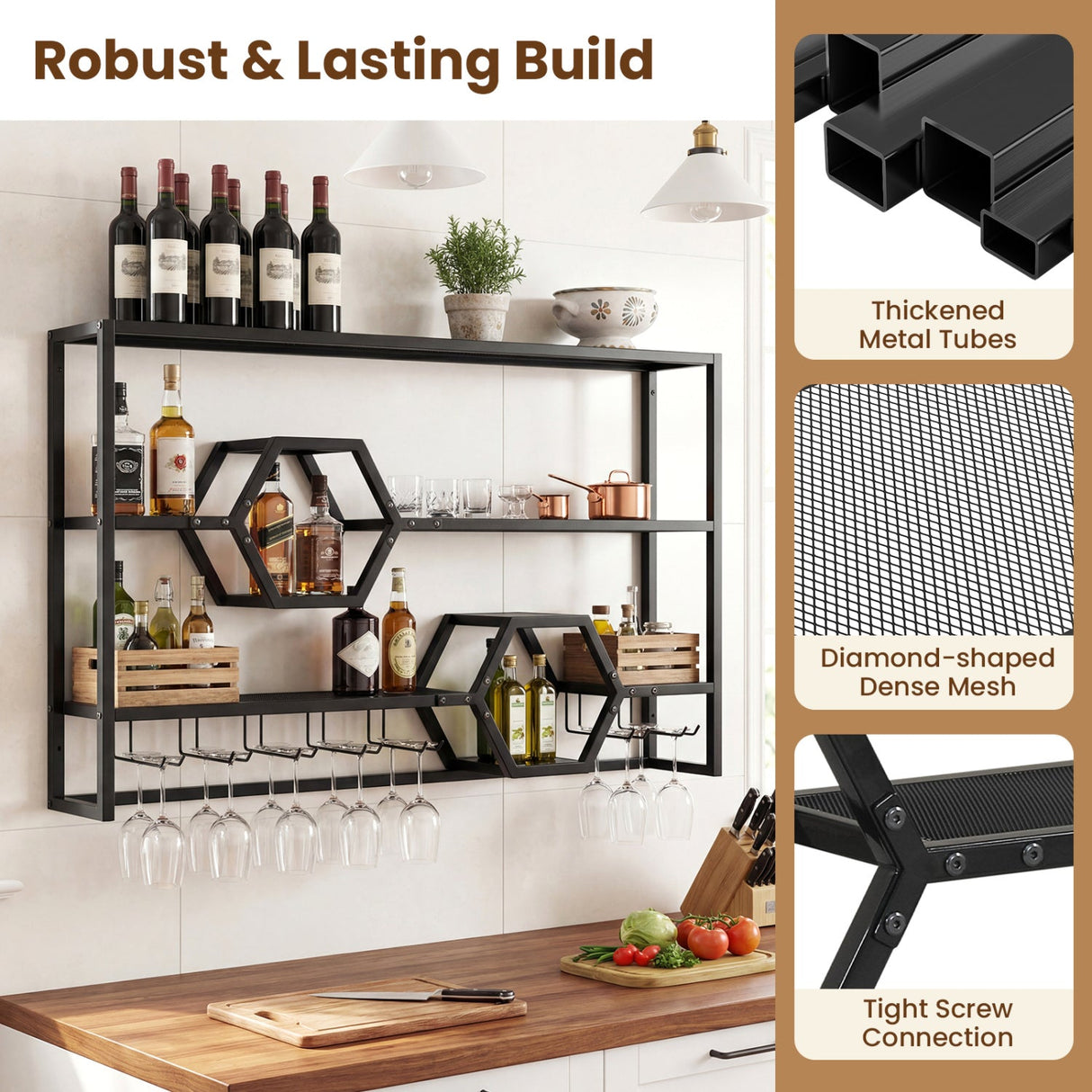 Botellero de pared de 47" con estantes flotantes grandes