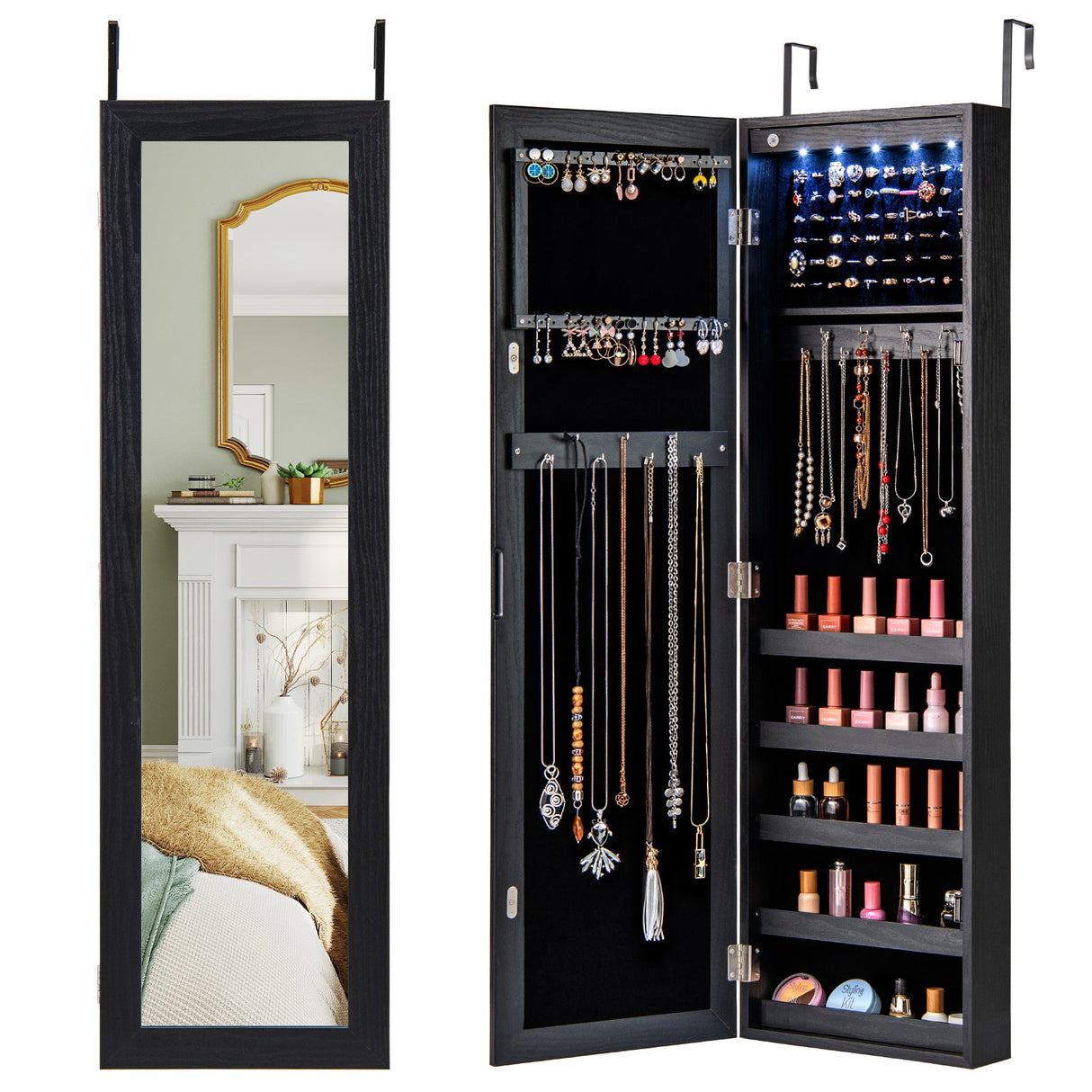 Wall or Door Mounted Jewelry Cabinet with Full-Length Mirror and LED Lights
