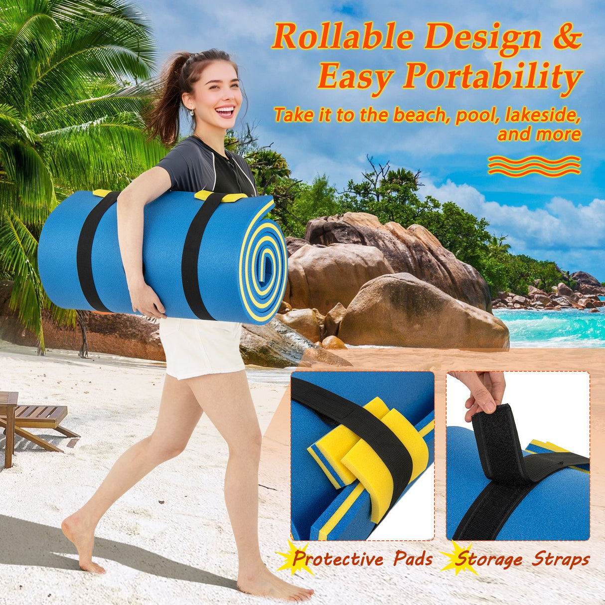 Colchoneta acuática de 7 x 2 pulgadas con cuerda de seguridad y diseño de almohada para lago y piscina - Azul