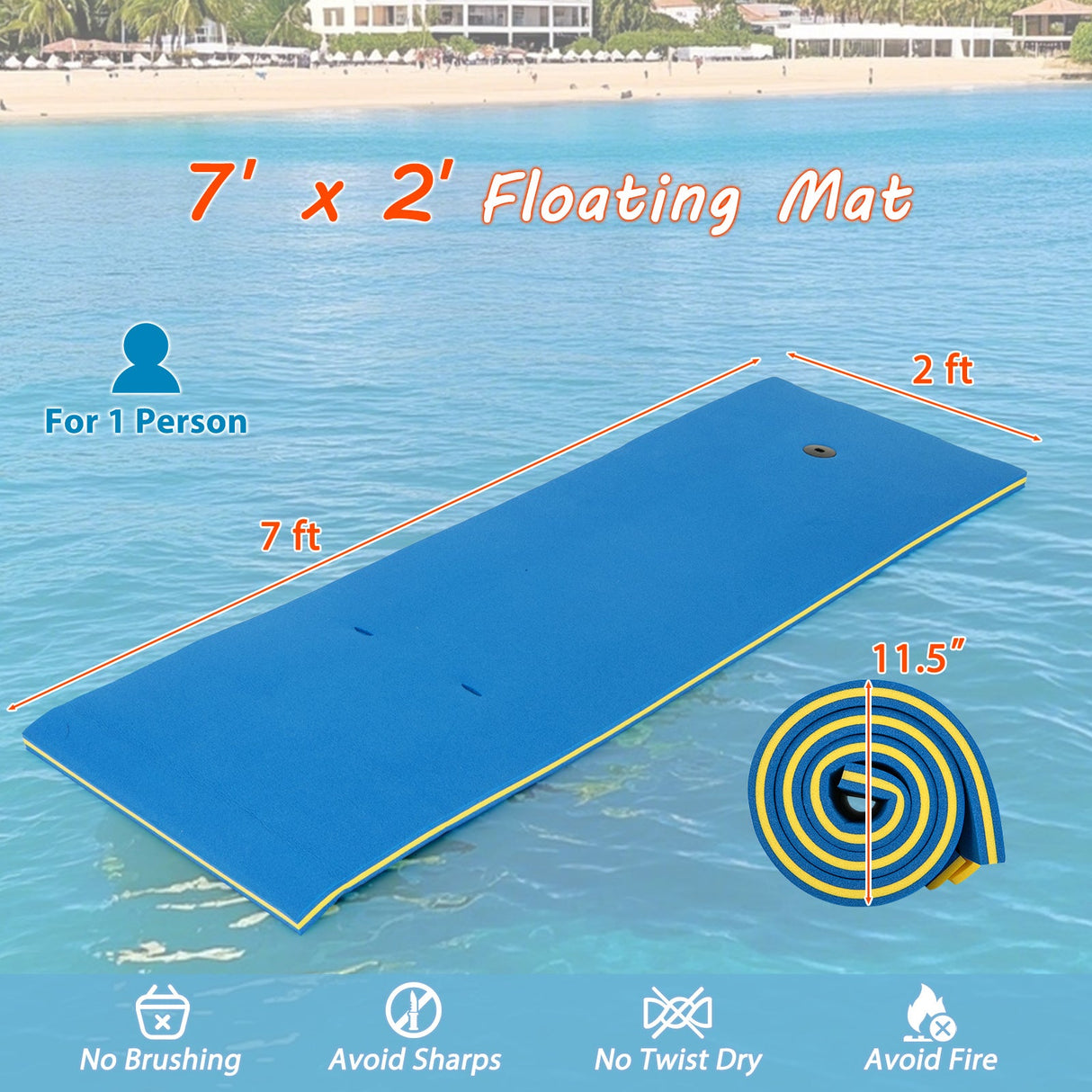 Colchoneta acuática de 7 x 2 pulgadas con cuerda de seguridad y diseño de almohada para lago y piscina - Azul