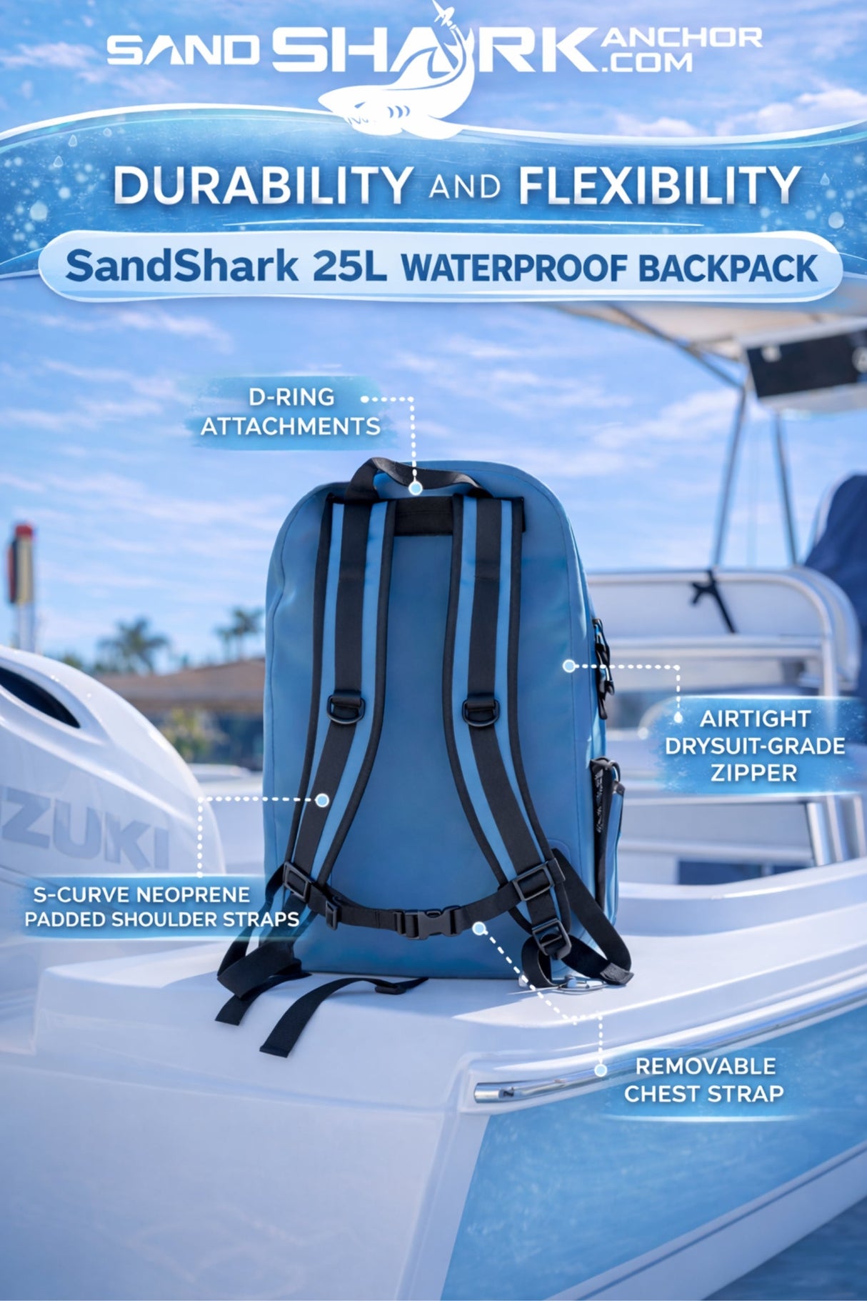 Mochila Impermeable SandShark 25L – Mochila Sumergible IP67 con Cremallera Hermética, Carcasa de TPU, Funda para Portátil – Bolsa Seca Impermeable para Navegación, Playa, Natación, Viajes y Deportes Acuáticos