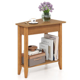 Mesa auxiliar de cuña de 2 niveles con estante de almacenamiento y patas de madera maciza