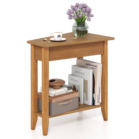 Mesa auxiliar de cuña de 2 niveles con estante de almacenamiento y patas de madera maciza