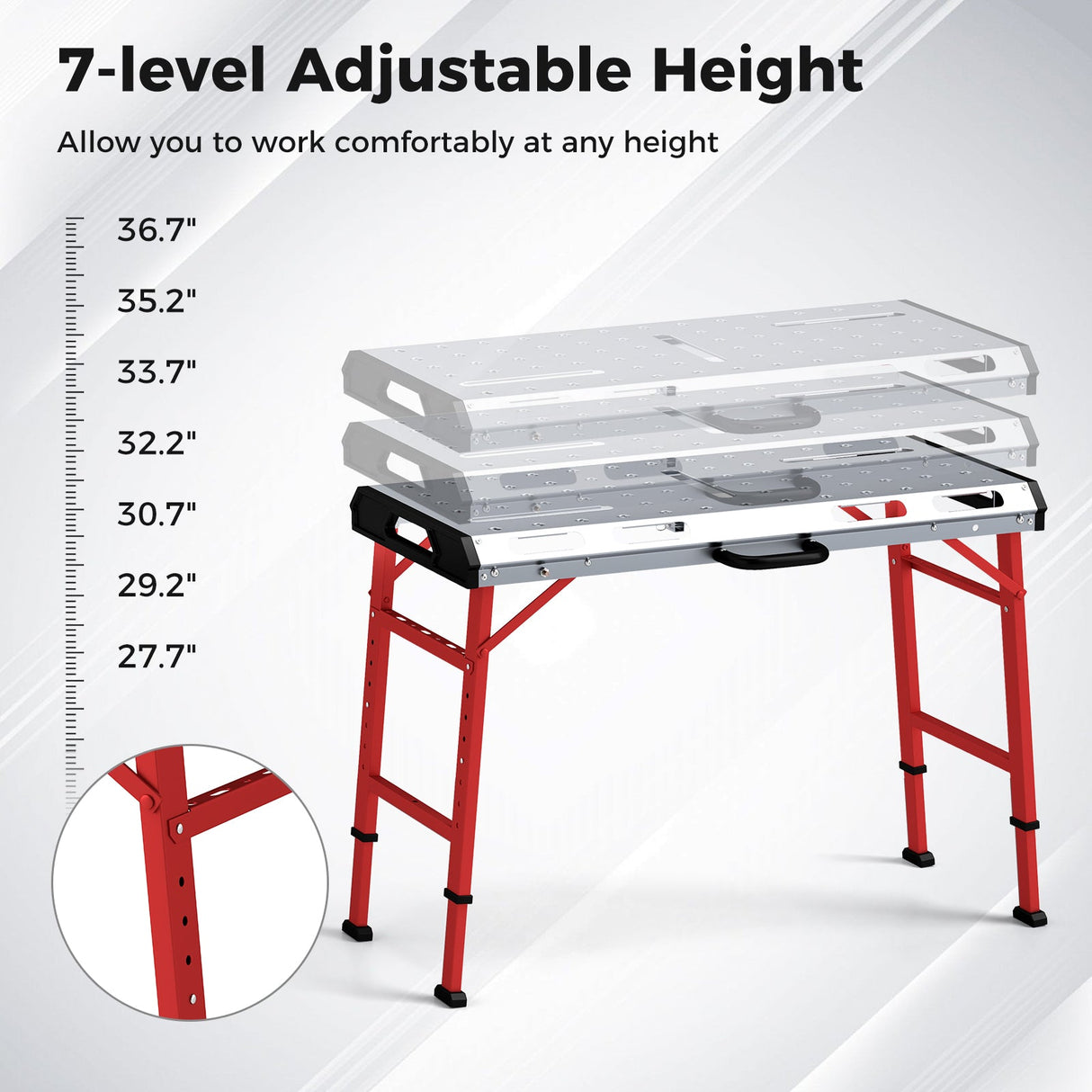 Mesa de soldar de 42 x 21 pulgadas con altura ajustable y 2 sargentos de barra - Plateada