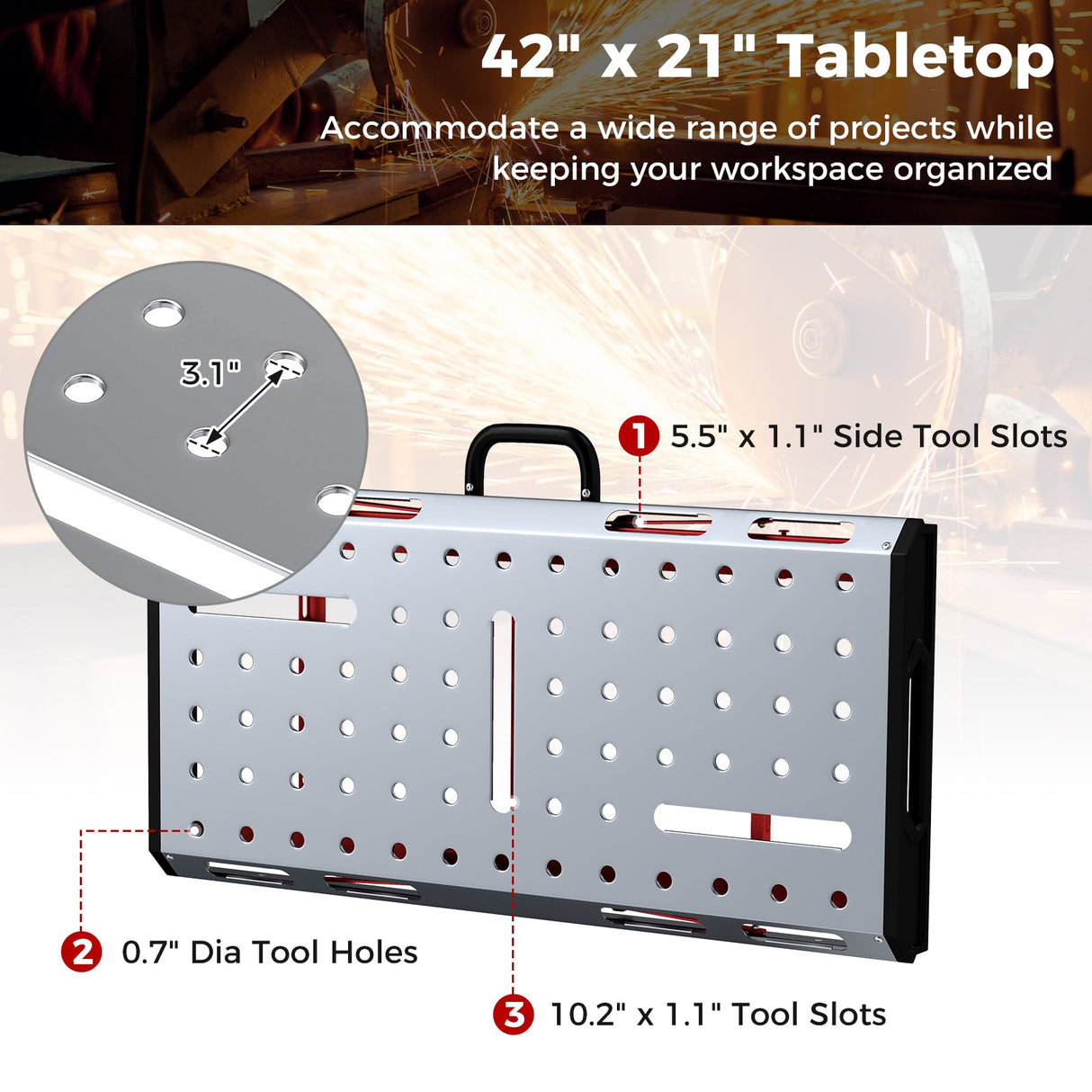 Mesa de soldar de 42 x 21 pulgadas con altura ajustable y 2 sargentos de barra - Plateada