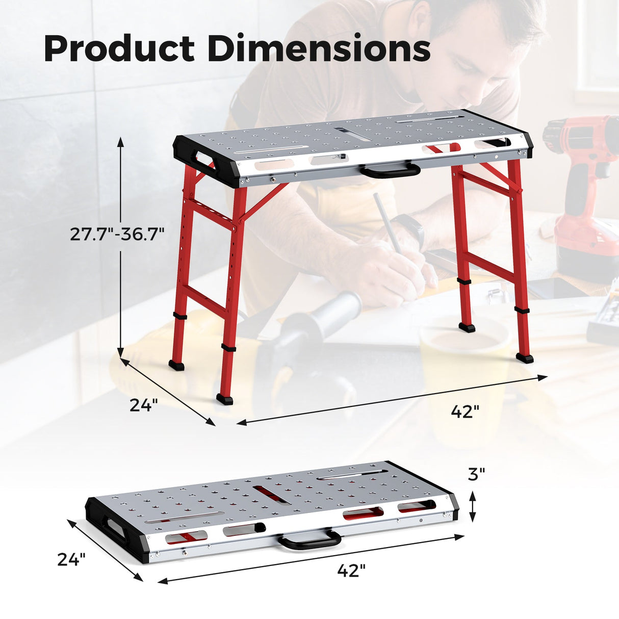 Mesa de soldar de 42 x 21 pulgadas con altura ajustable y 2 sargentos de barra - Plateada