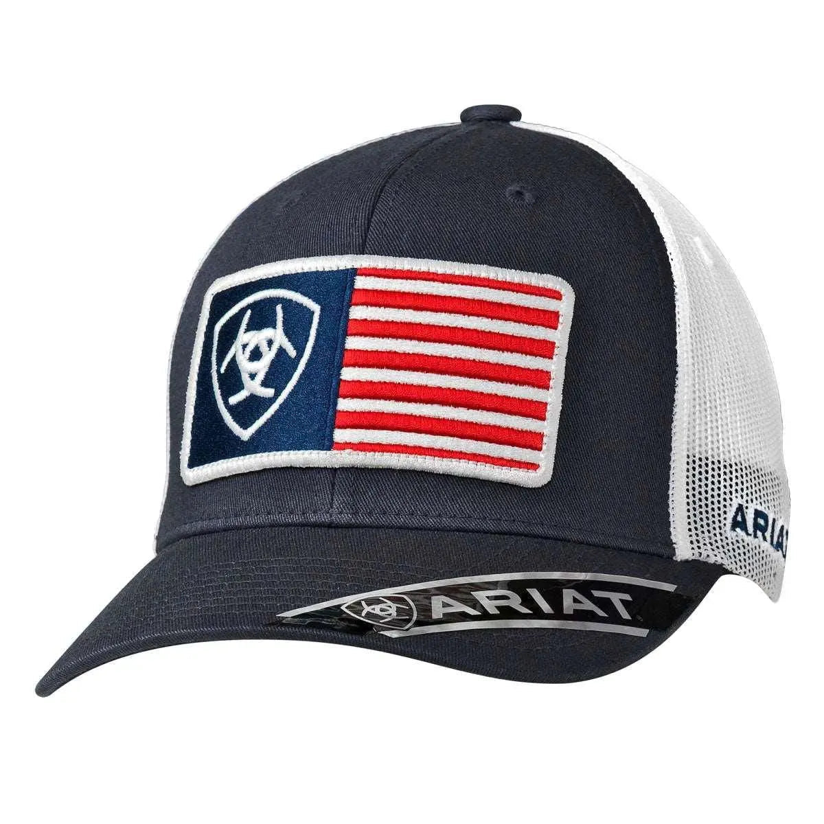 Gorra tipo camionero ARIAT parche bandera de EE. UU. (azul marino/blanco)