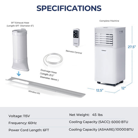 Enfriador de aire de 10000 BTU con ventilador y modo deshumidificador