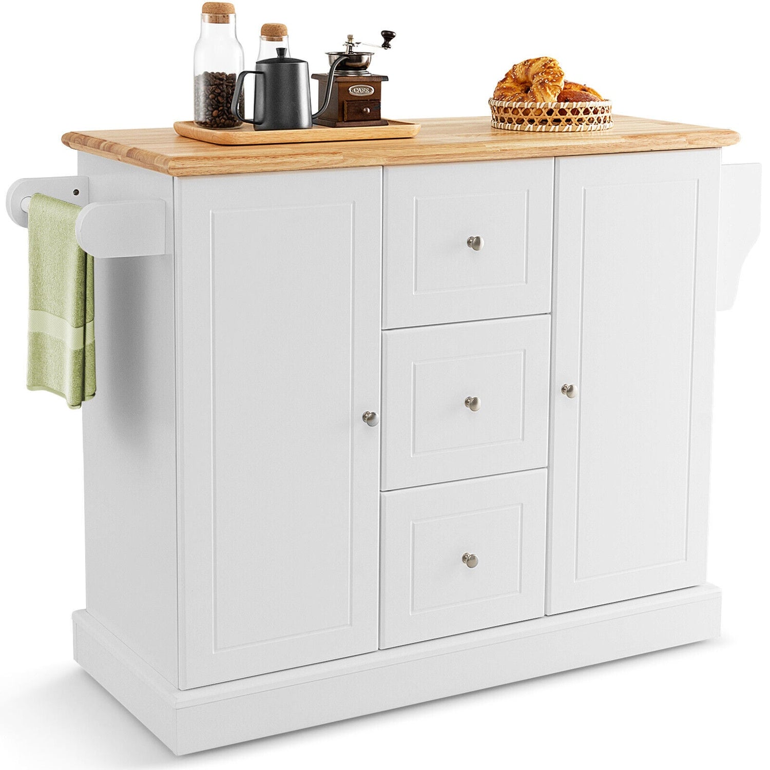 Carrito de isla de cocina móvil grande de 2 puertas con ruedas ocultas y 3 cajones
