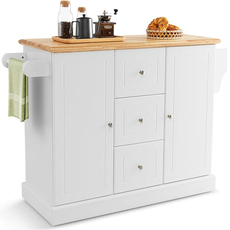 Carrito de isla de cocina móvil grande de 2 puertas con ruedas ocultas y 3 cajones