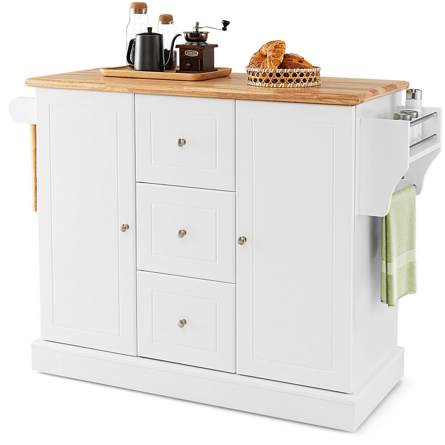 Carrito de isla de cocina móvil grande de 2 puertas con ruedas ocultas y 3 cajones