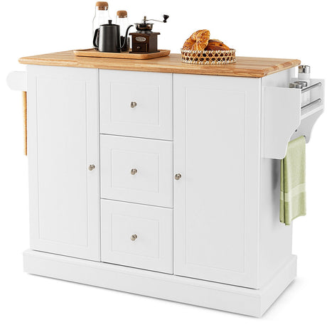 Carrito de isla de cocina móvil grande de 2 puertas con ruedas ocultas y 3 cajones