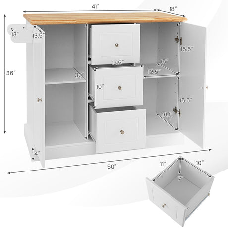 Carrito de isla de cocina móvil grande de 2 puertas con ruedas ocultas y 3 cajones