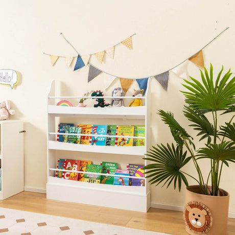 Estantería de 3 niveles con 2 kits antivuelco para libros y revistas