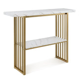 Mesa consola de 2 niveles de 48 pulgadas con estructura con acabado dorado - Blanca