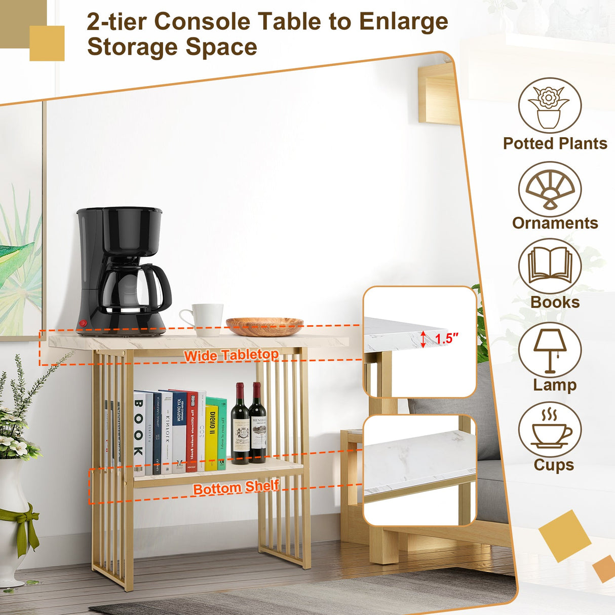 Mesa consola de 2 niveles de 48 pulgadas con estructura con acabado dorado - Blanca