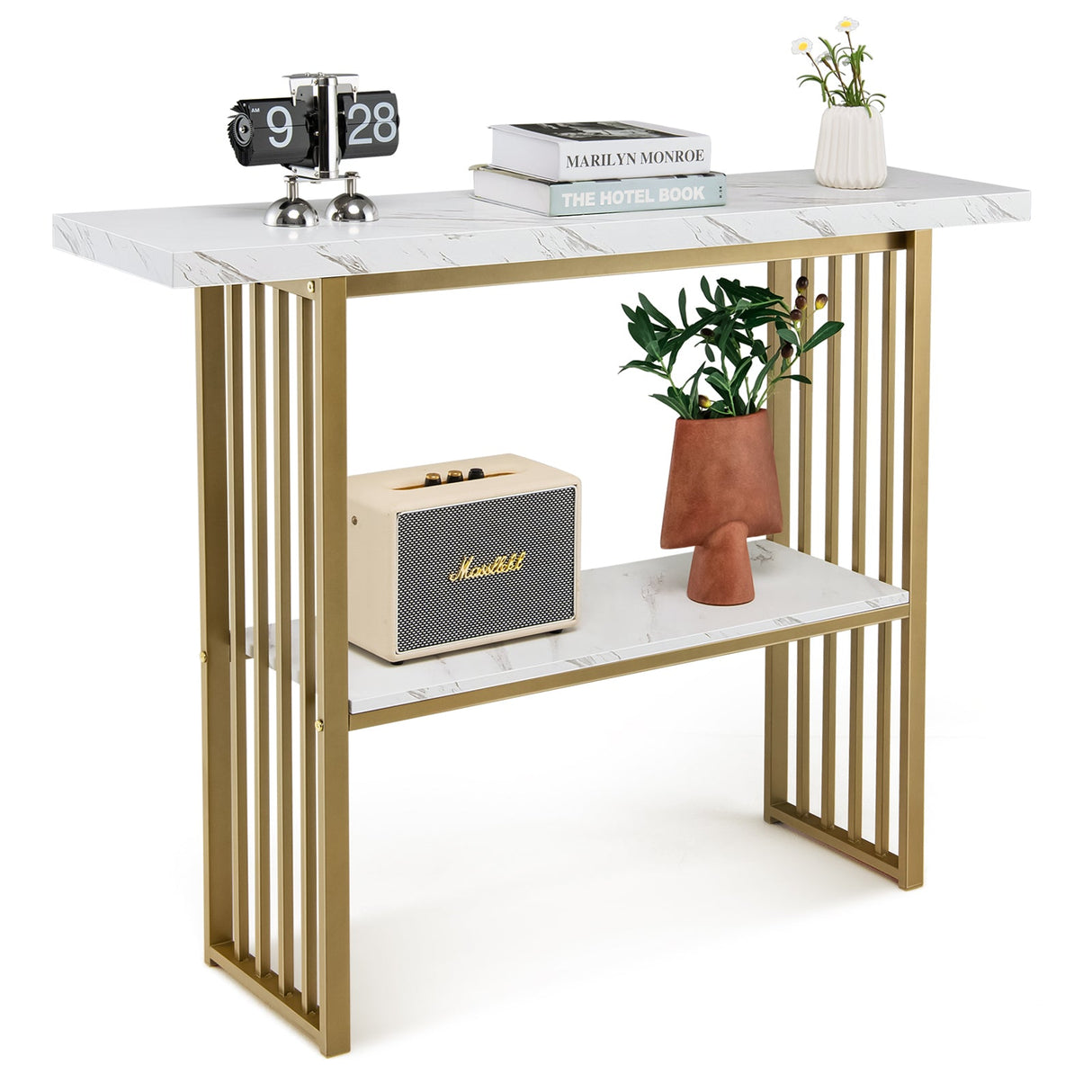 Mesa consola de 2 niveles de 48 pulgadas con estructura con acabado dorado - Blanca