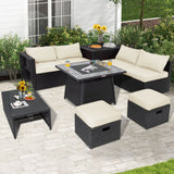 9 Pieces Outdoor Wicker Sectional with 35 Inch Gas Fire Pit Table