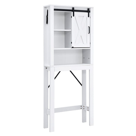 Gabinete de baño de madera de 3 niveles con puerta corrediza tipo granero y estantes ajustables de 3 posiciones - Blanco