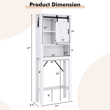 Gabinete de baño de madera de 3 niveles con puerta corrediza tipo granero y estantes ajustables de 3 posiciones - Blanco