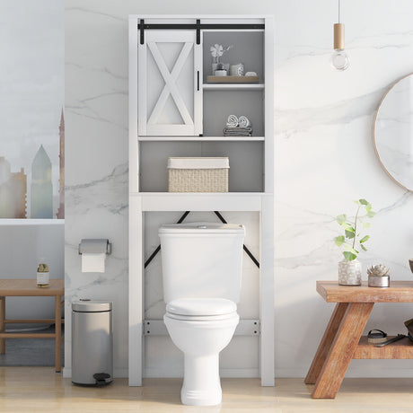 Gabinete de baño de madera de 3 niveles con puerta corrediza tipo granero y estantes ajustables de 3 posiciones - Blanco