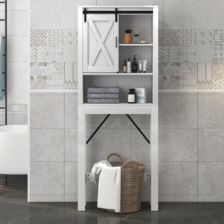 Gabinete de baño de madera de 3 niveles con puerta corrediza tipo granero y estantes ajustables de 3 posiciones - Blanco