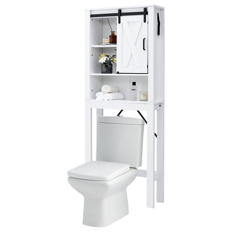 Gabinete de baño de madera de 3 niveles con puerta corrediza tipo granero y estantes ajustables de 3 posiciones - Blanco