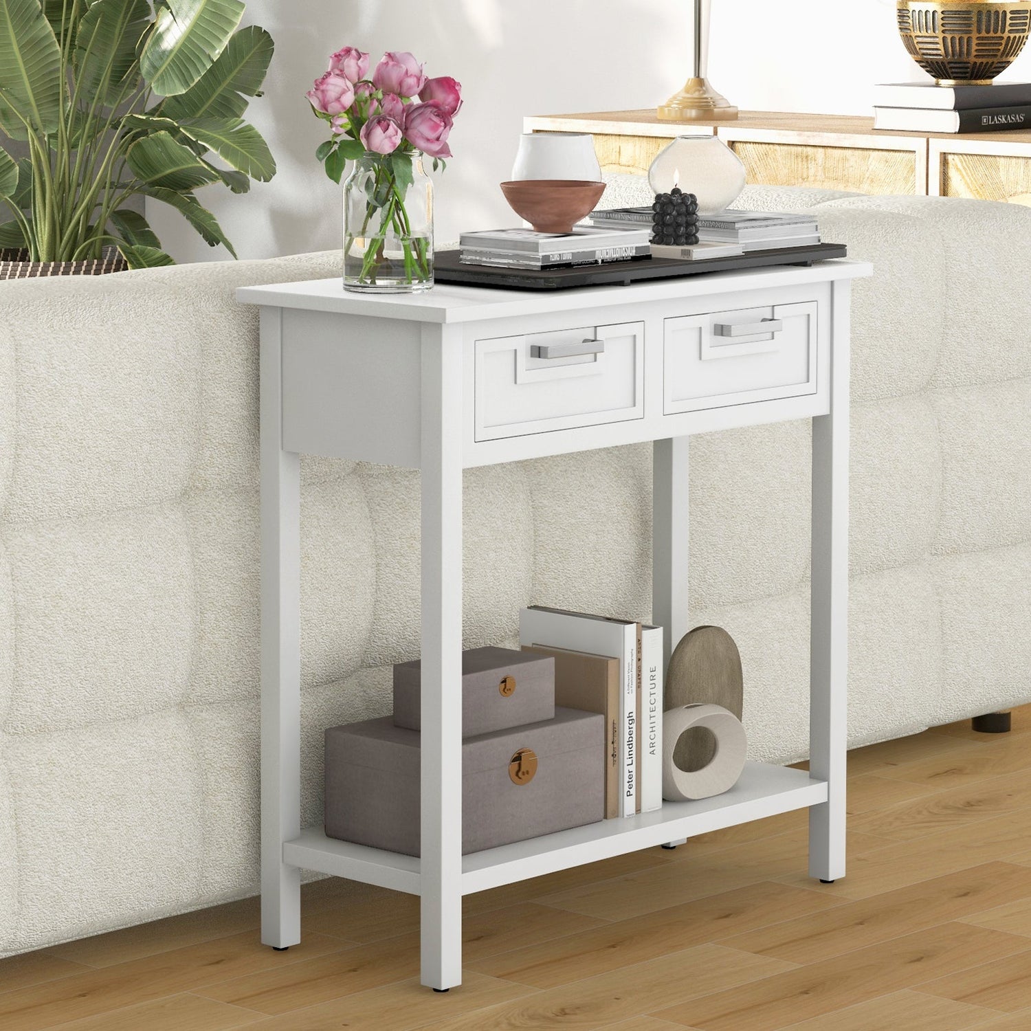 Mesa consola estrecha con cajones y estante de almacenamiento abierto