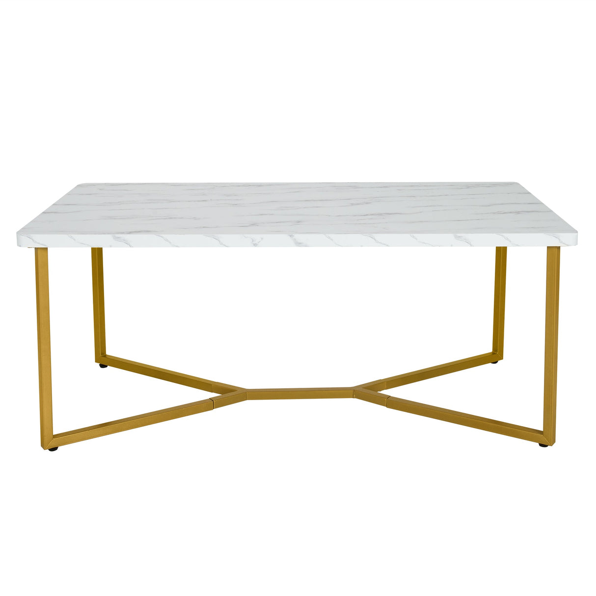 Mesa de centro de mármol sintético blanco con estructura metálica con acabado dorado