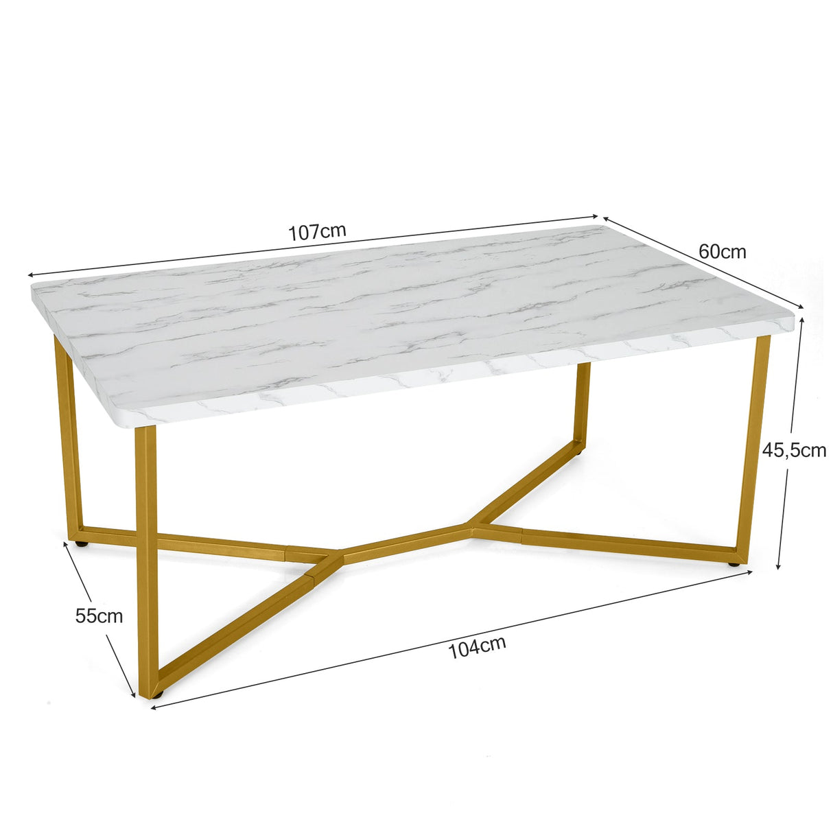 Mesa de centro de mármol sintético blanco con estructura metálica con acabado dorado
