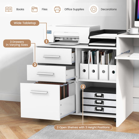 Archivador lateral móvil de 3 cajones con soporte para impresora