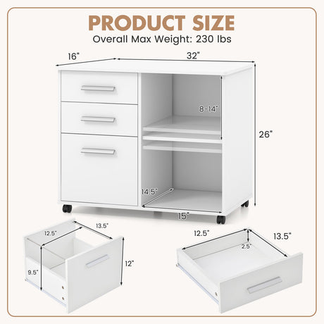 Archivador lateral móvil de 3 cajones con soporte para impresora