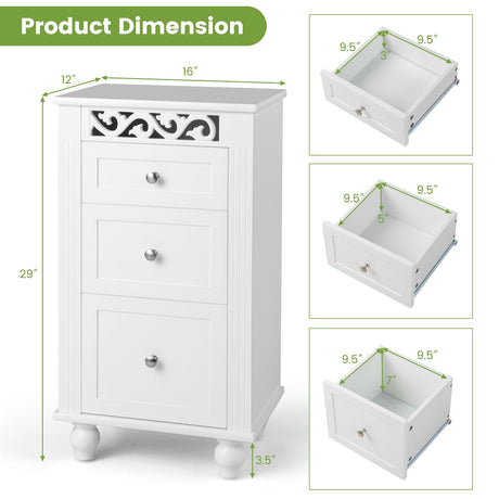 Mueble de almacenamiento de baño independiente de 3 cajones con dispositivo antivuelco - Blanco