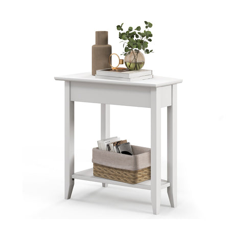 Mesa auxiliar de cuña de 2 niveles con estante de almacenamiento y patas de madera maciza