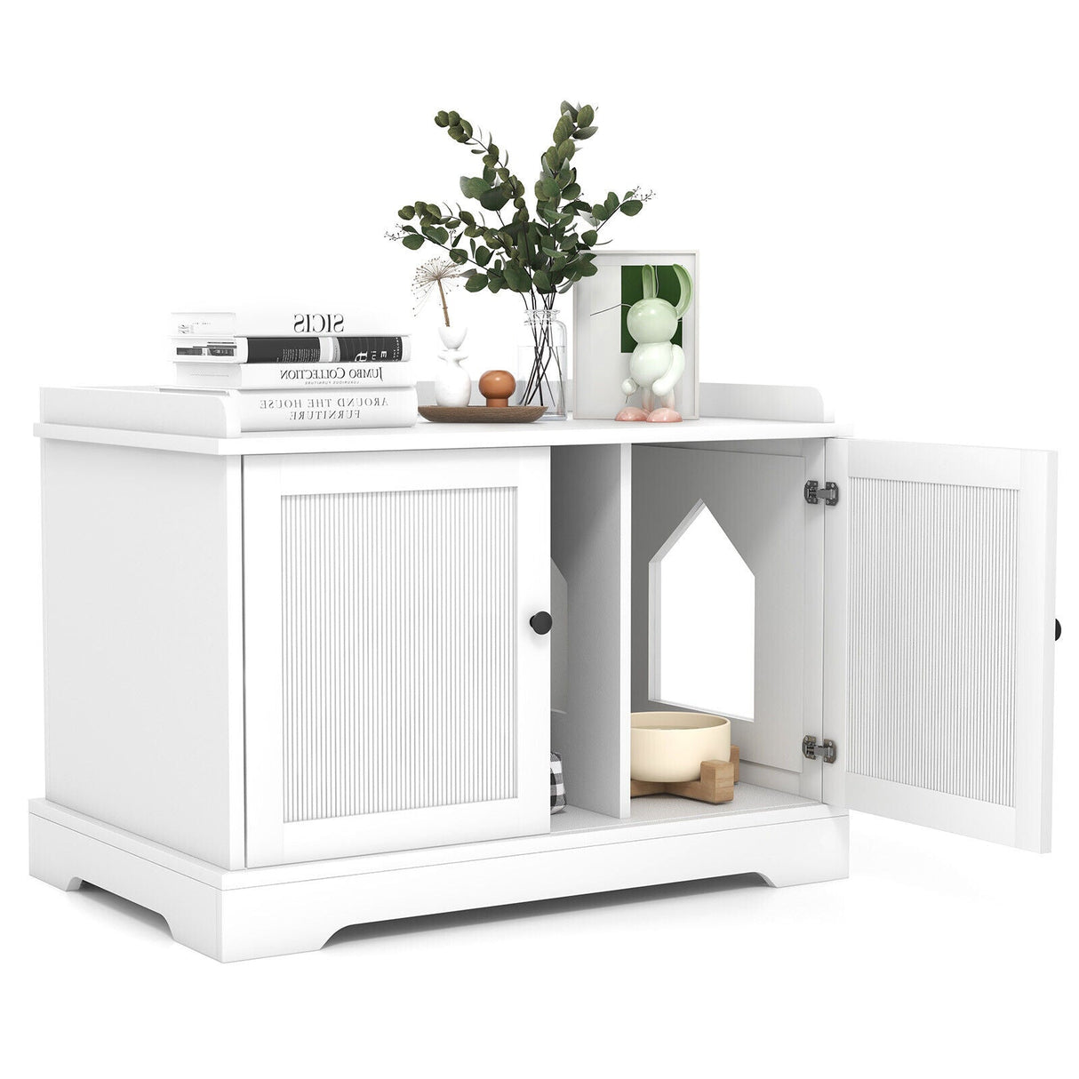 Casa de madera para gatos con rascador y divisor ajustable - Blanca