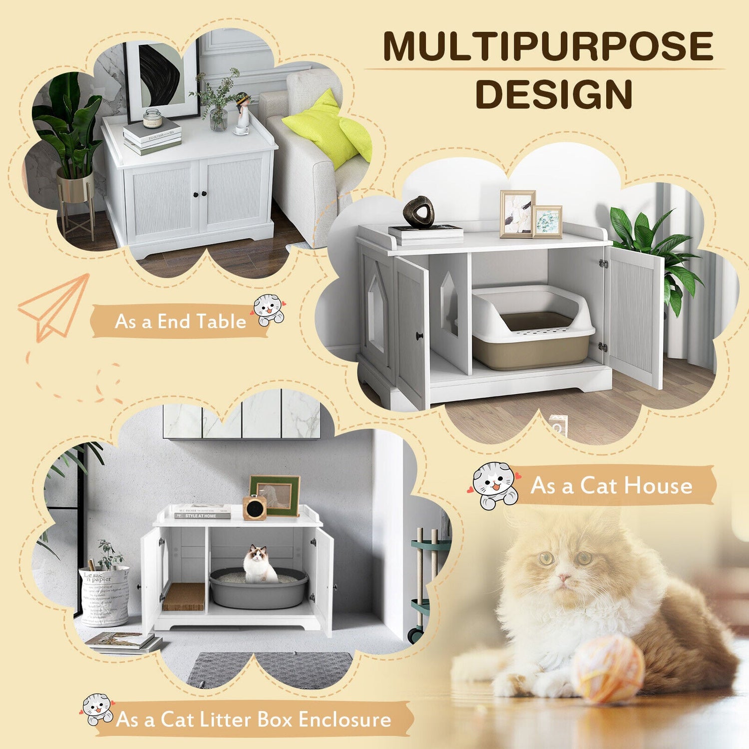 Casa de madera para gatos con rascador y divisor ajustable - Blanca
