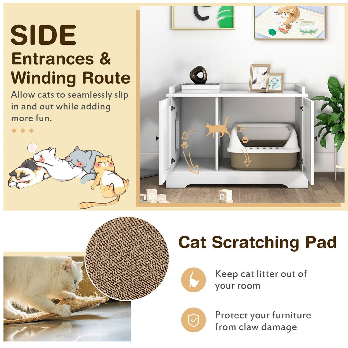 Casa de madera para gatos con rascador y divisor ajustable - Blanca