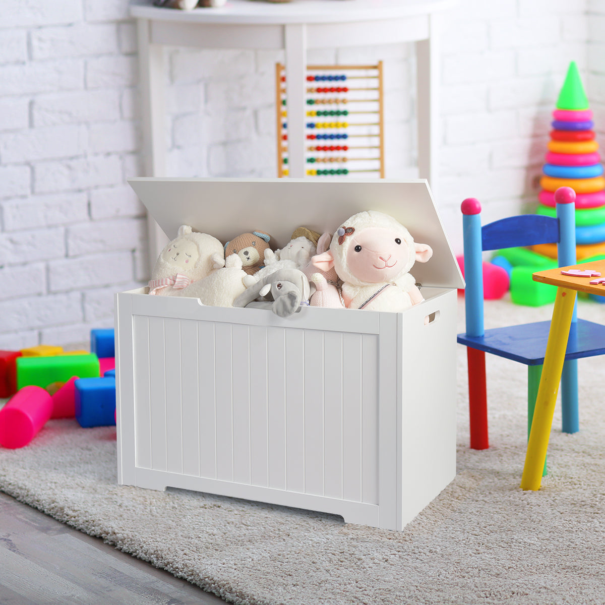 Baúl de juguetes de madera, banco de almacenamiento para niños
