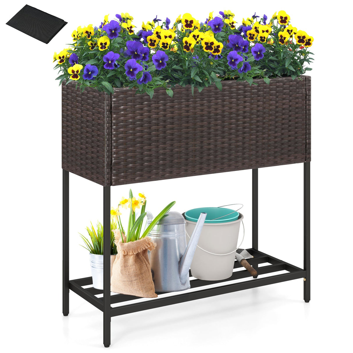 Jardinera elevada de mimbre con estante de almacenamiento y forro extraíble para flores